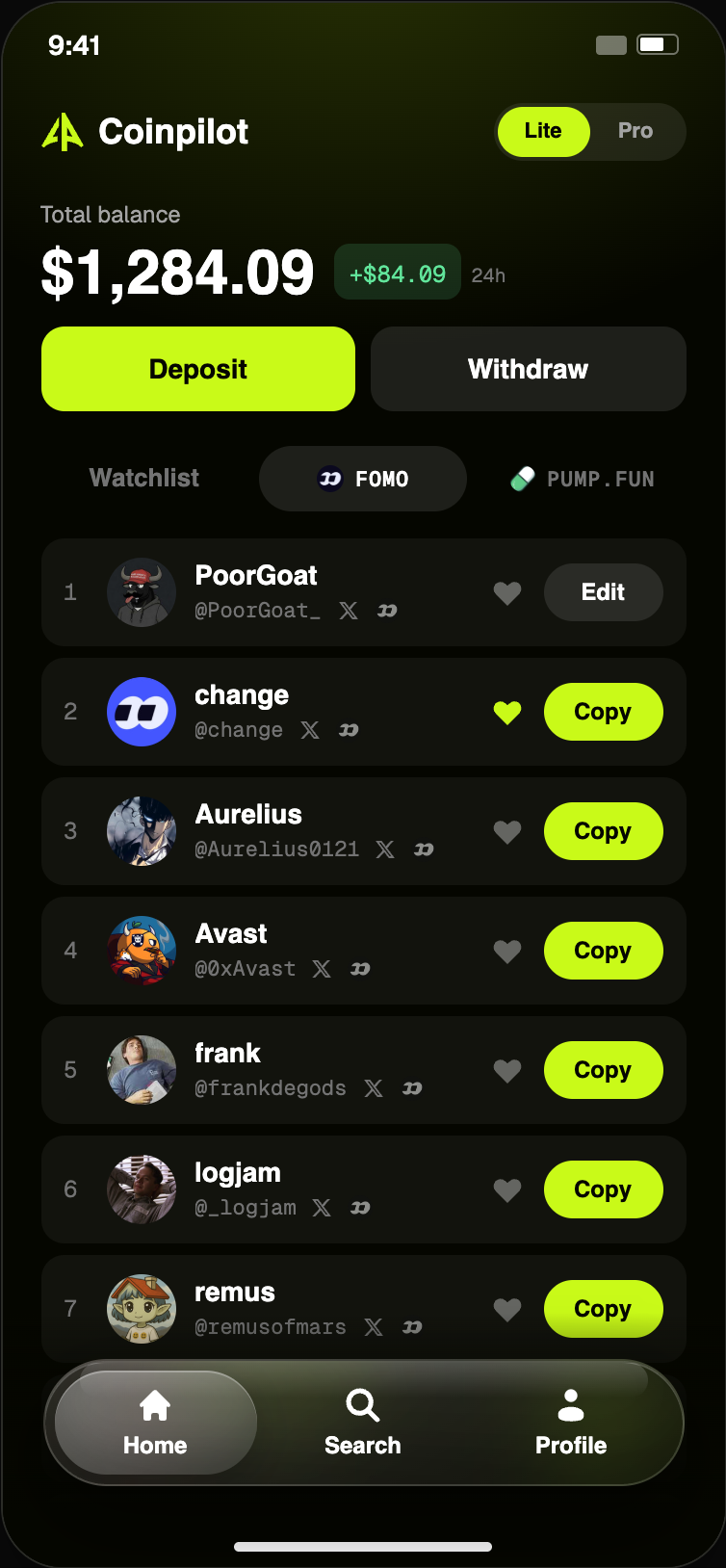 Coinpilot Lite home leaderboard mock
