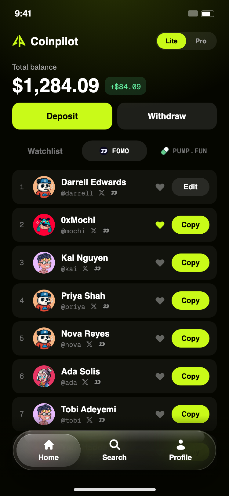 Coinpilot Lite home leaderboard mock