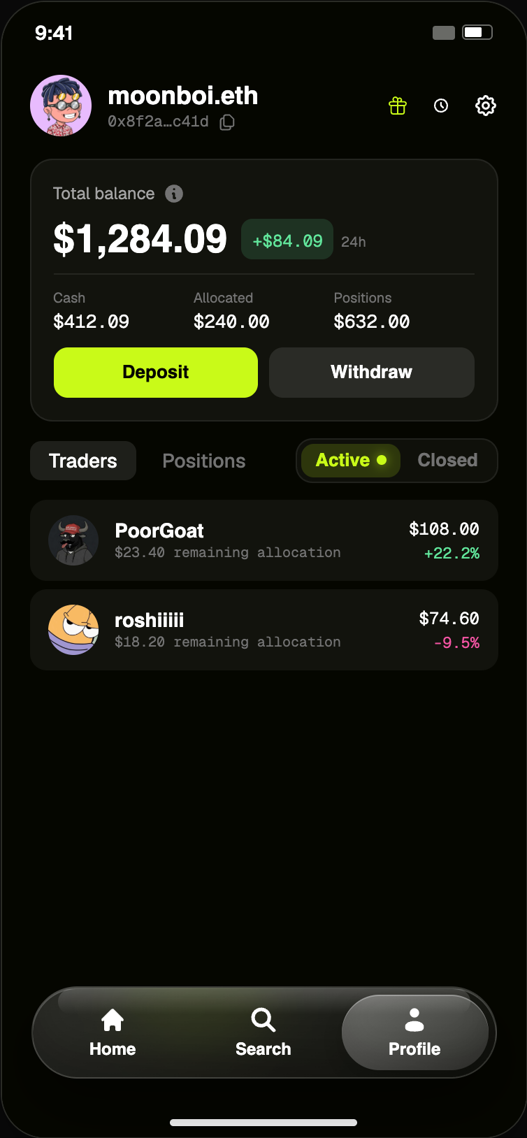 Coinpilot Lite profile screen mock