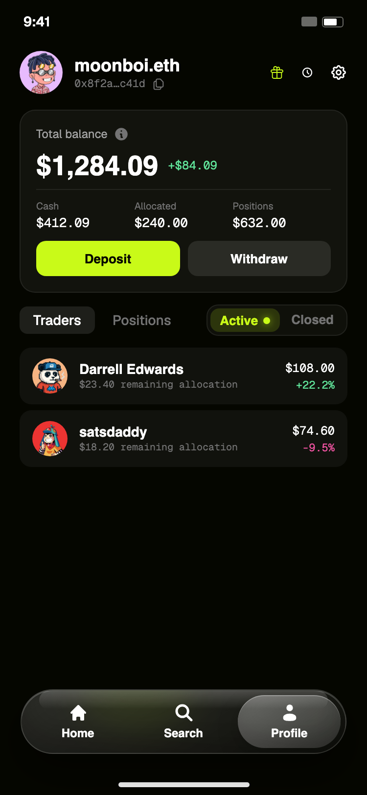 Coinpilot Lite profile screen mock